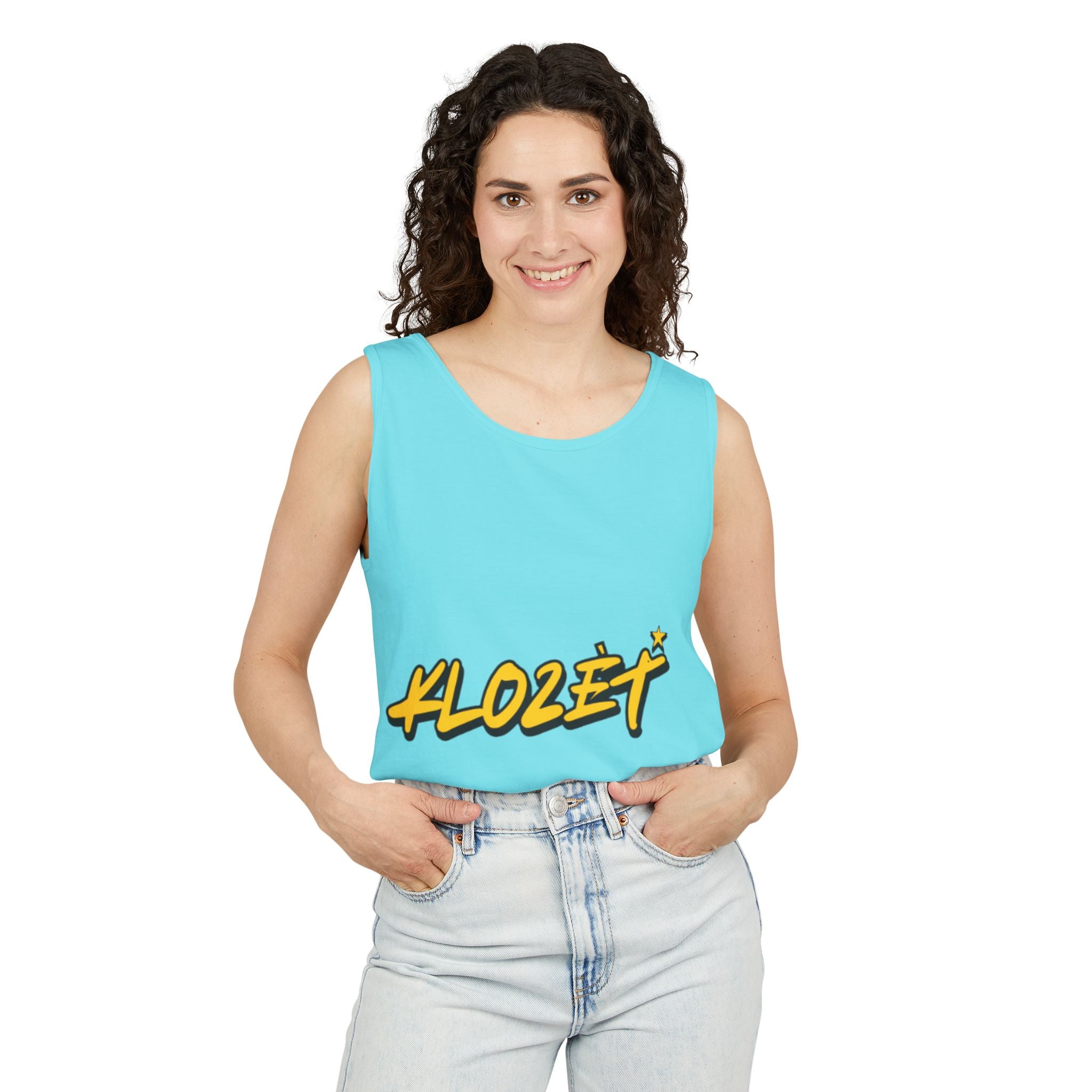 Stylish Unisex Garment-Dyed Tank Top with Fun 'Klozet' Design, Cool Summer Wear, Casual Beach Style, Gift for Friends, Trendy Streetwear