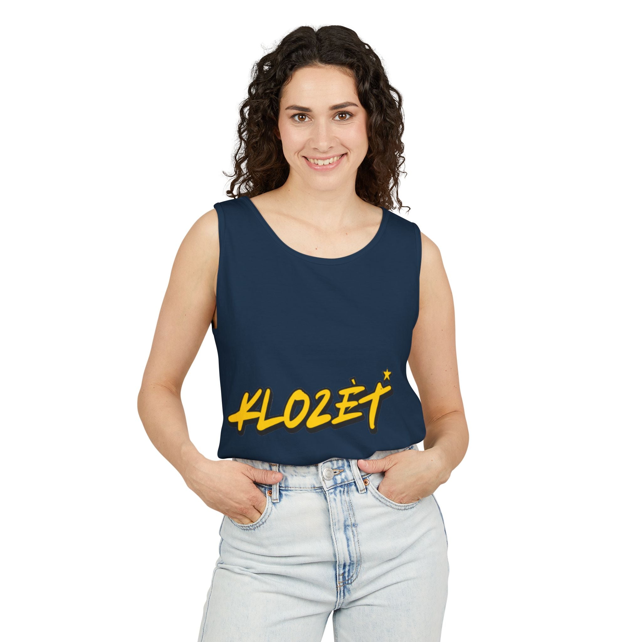 Stylish Unisex Garment-Dyed Tank Top with Fun 'Klozet' Design, Cool Summer Wear, Casual Beach Style, Gift for Friends, Trendy Streetwear