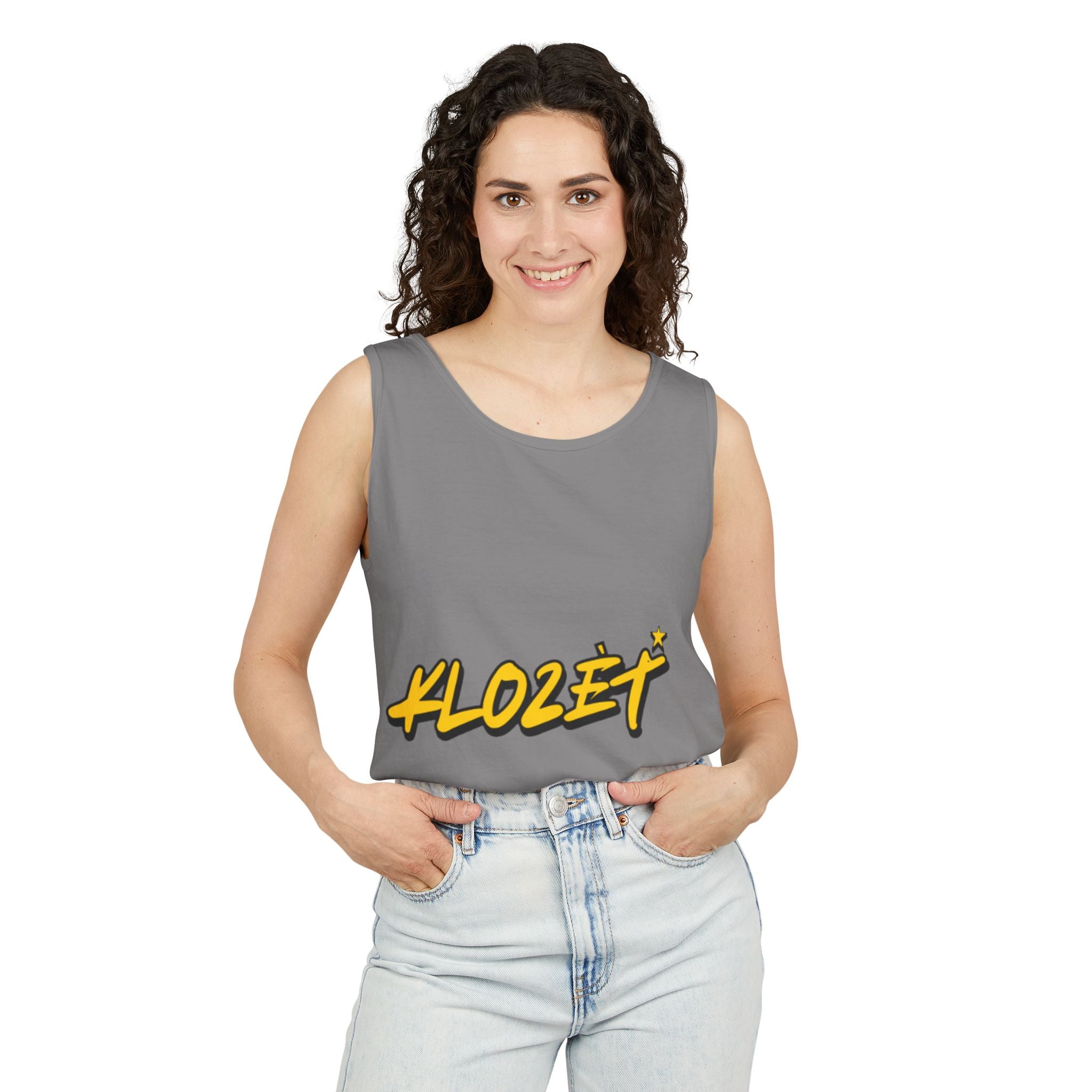 Stylish Unisex Garment-Dyed Tank Top with Fun 'Klozet' Design, Cool Summer Wear, Casual Beach Style, Gift for Friends, Trendy Streetwear