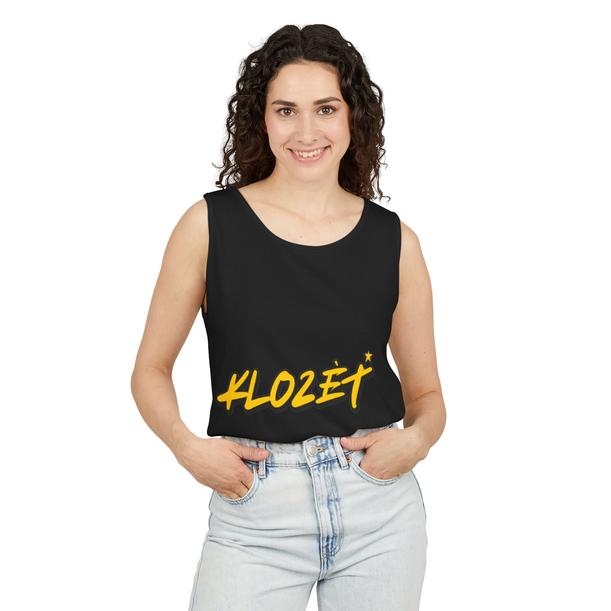 Stylish Unisex Garment-Dyed Tank Top with Fun 'Klozet' Design, Cool Summer Wear, Casual Beach Style, Gift for Friends, Trendy Streetwear