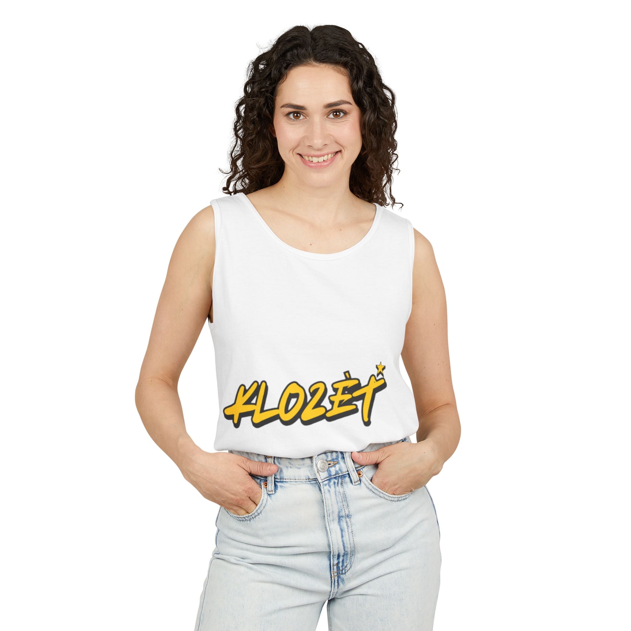 Stylish Unisex Garment-Dyed Tank Top with Fun 'Klozet' Design, Cool Summer Wear, Casual Beach Style, Gift for Friends, Trendy Streetwear