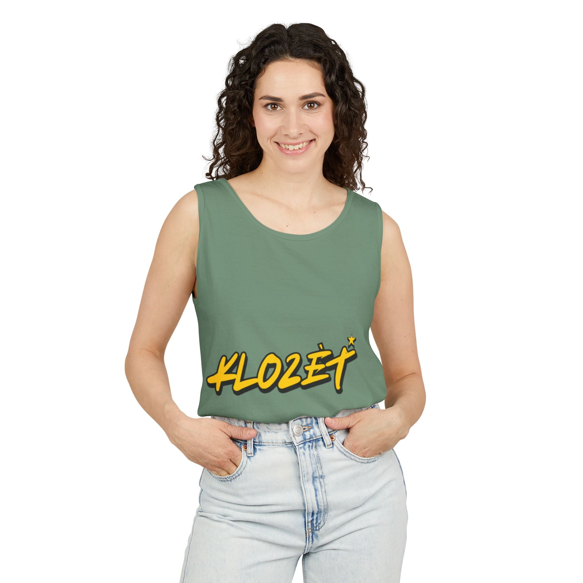 Stylish Unisex Garment-Dyed Tank Top with Fun 'Klozet' Design, Cool Summer Wear, Casual Beach Style, Gift for Friends, Trendy Streetwear